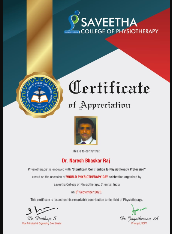 appreciation for contribution to physiotherapy