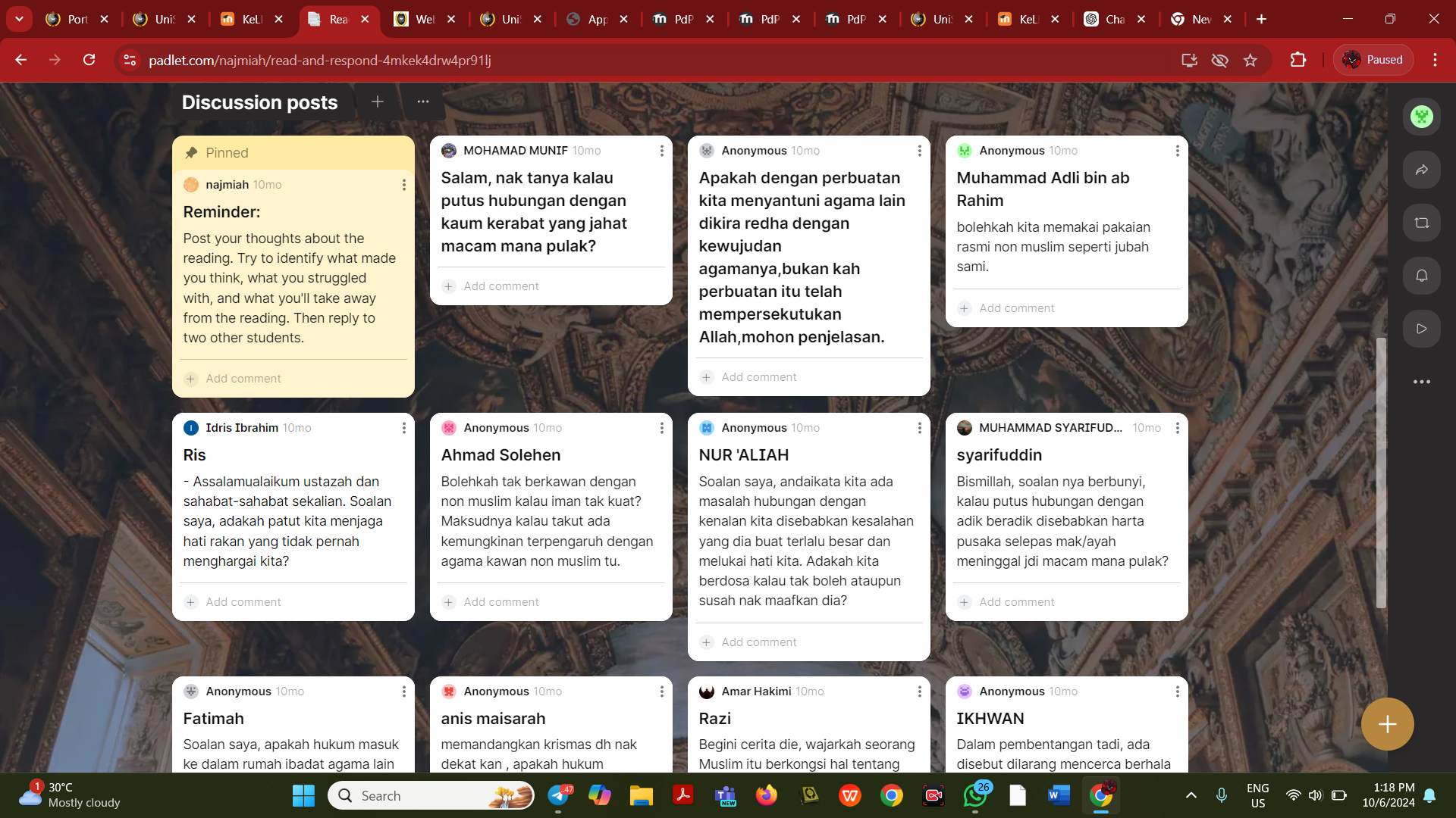 Menggunakan kaedah Padlet dalam sessi Q&A bagi kursus Al-Quran dan Hadith dalam Masyarakat Kontemporari QSW 20802