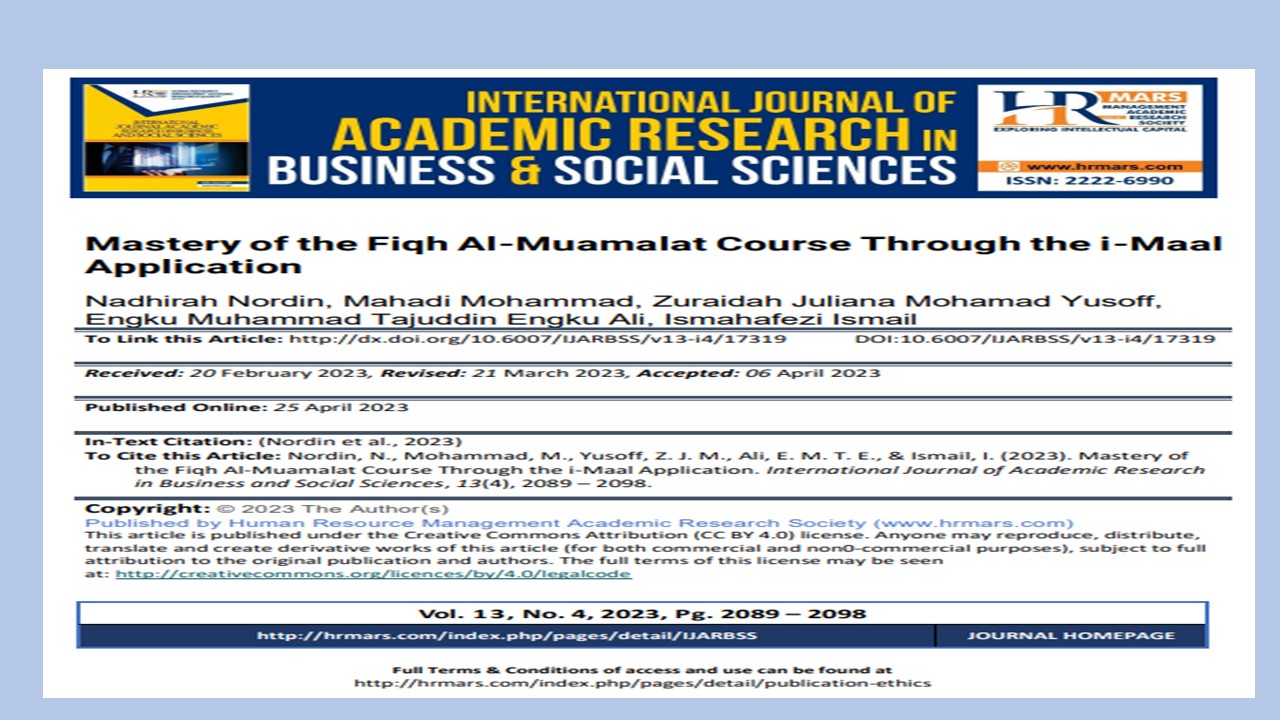 Kajian untuk menguji keberkesanan aplikasi i-Maal dalam meningkatkan penguasaan pembelajaran kursus Fiqh al-Muamalat